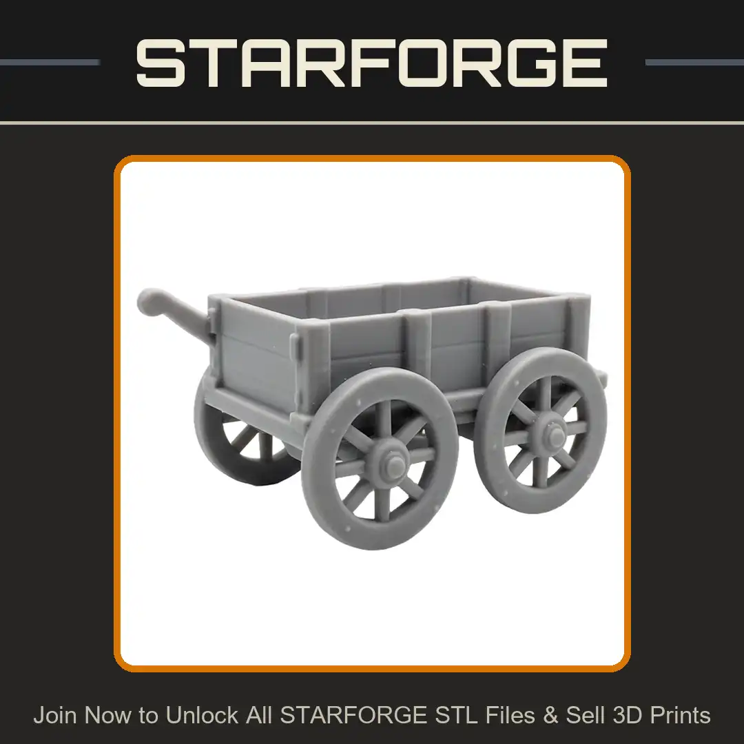 Wooden Four Wheeled Cart Wagon Handcart Spoked Wheels Planked Sides Pull Handle Supply - 3D Printable STL File