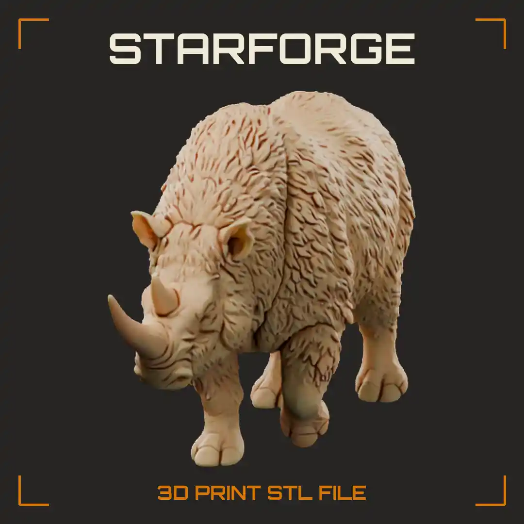 Woolly Rhinoceros Walking in Snow with Long Front Horn Shaggy Fur and Shoulder Hump