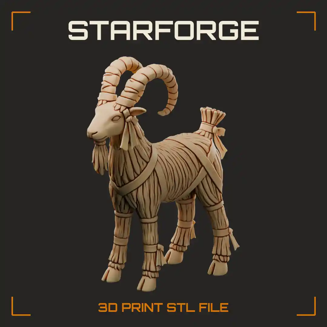 Yule Goat Standing With Curled Horns Bound Straw Texture And Ribbon Bands