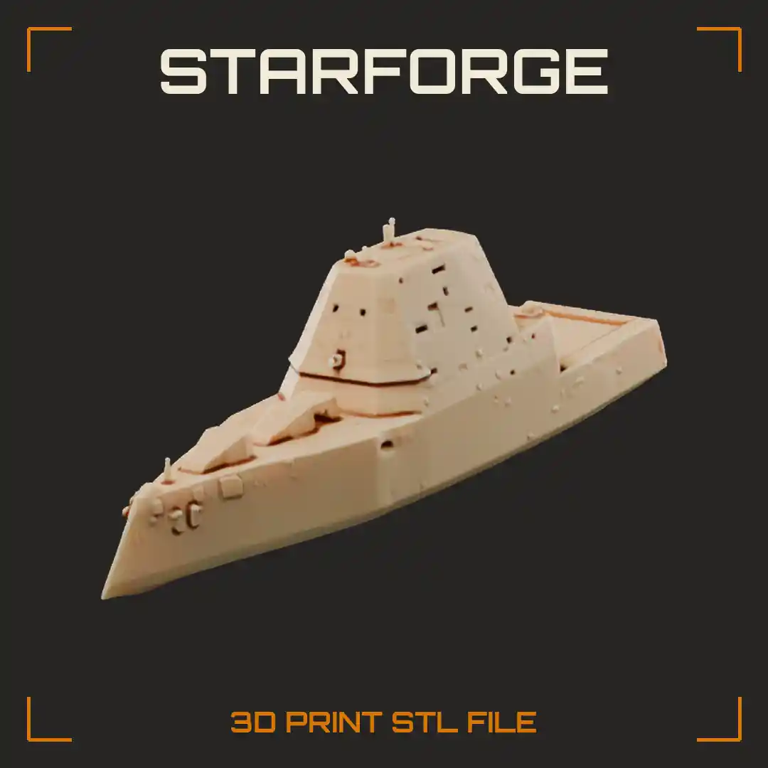 Zumwalt Class Stealth Destroyer with Wave Piercing Tumblehome Hull and Angular Deckhouse